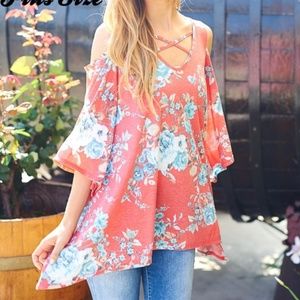 Lovely J Plus Size Coral Floral Tunic Cold Shoulder Top